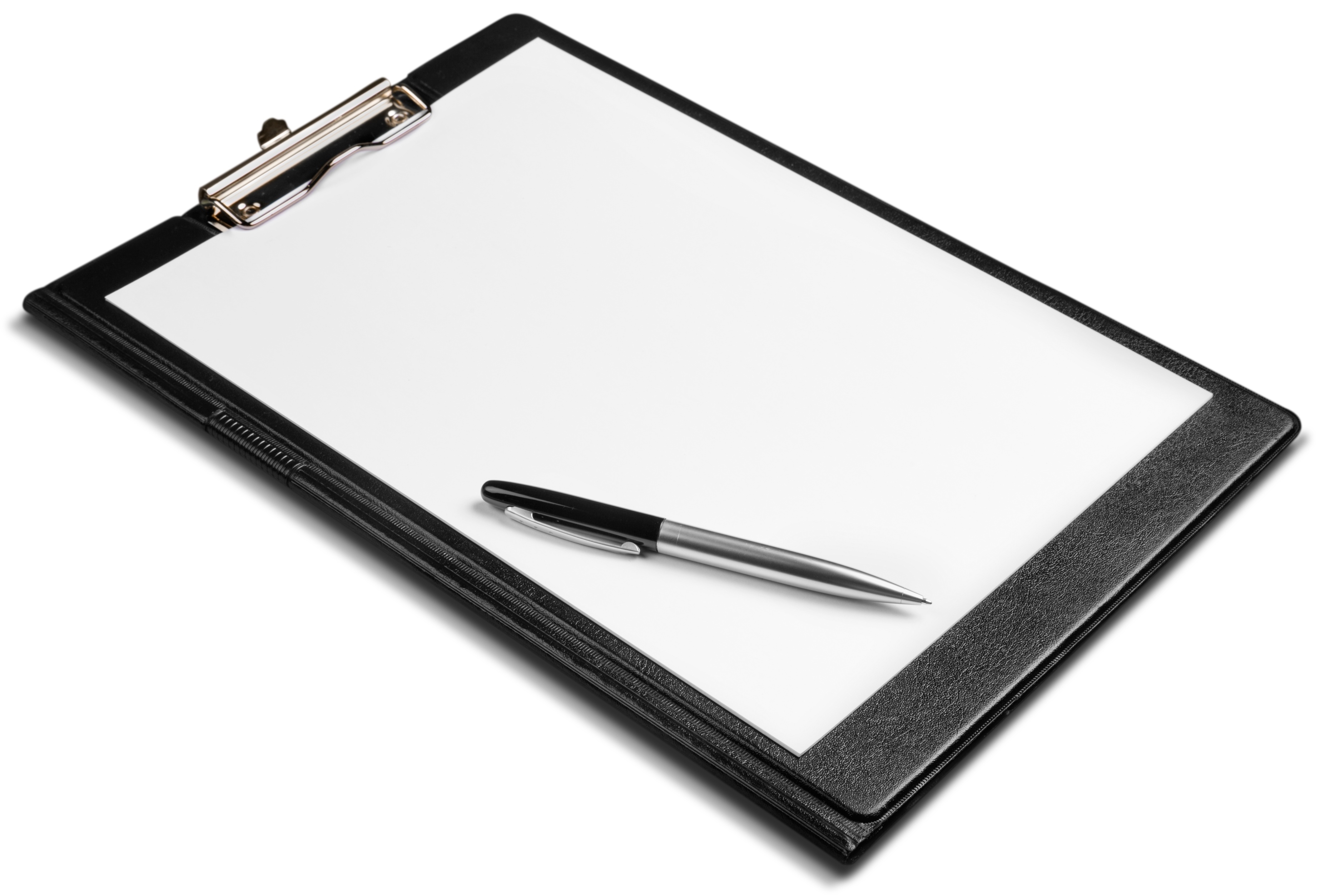 Open meeting notes template on a clean white clipboard with a fountain pen resting on top