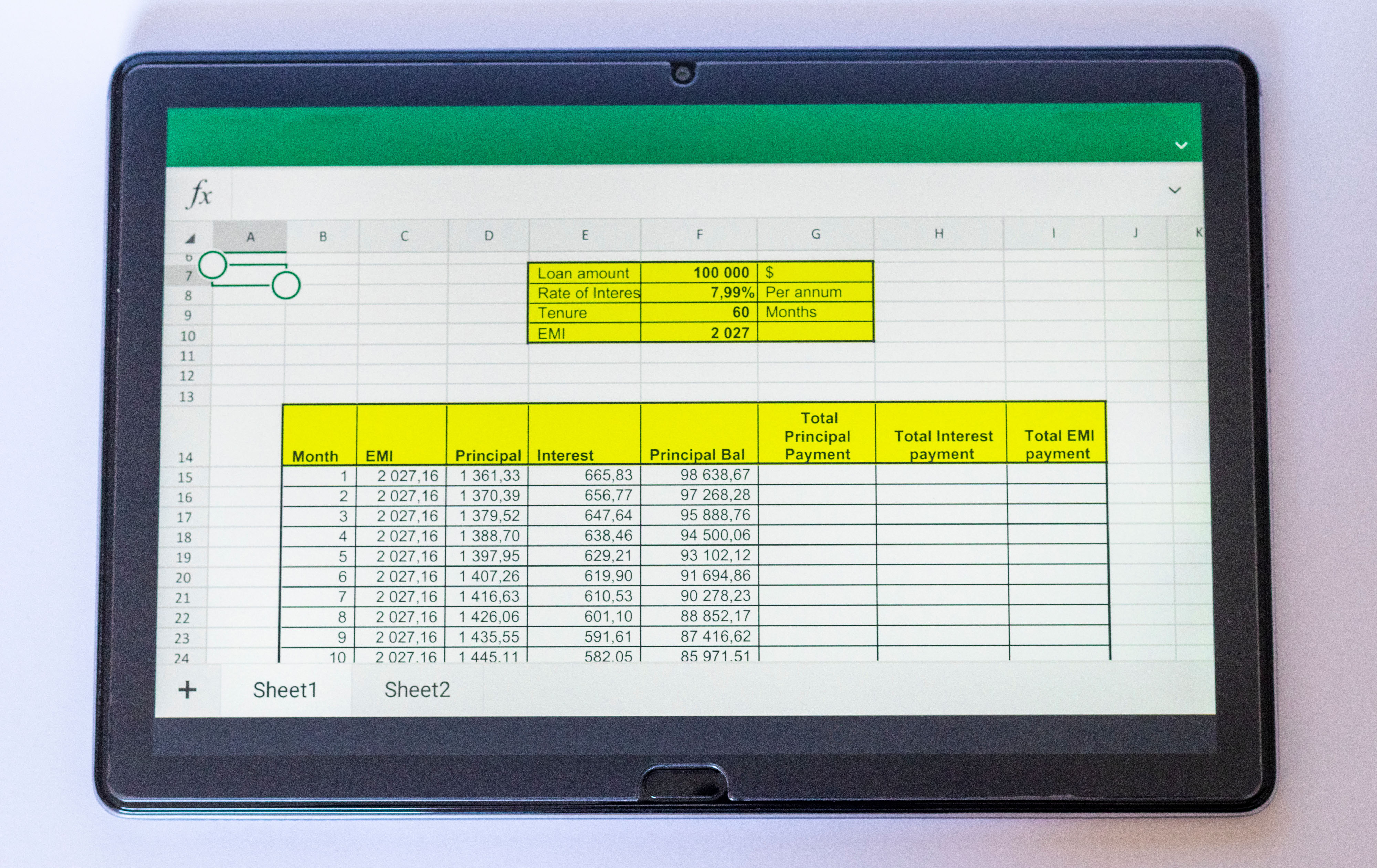 Tablet showing a spreadsheet with colorful budget tracker cells and chart summaries on a light background