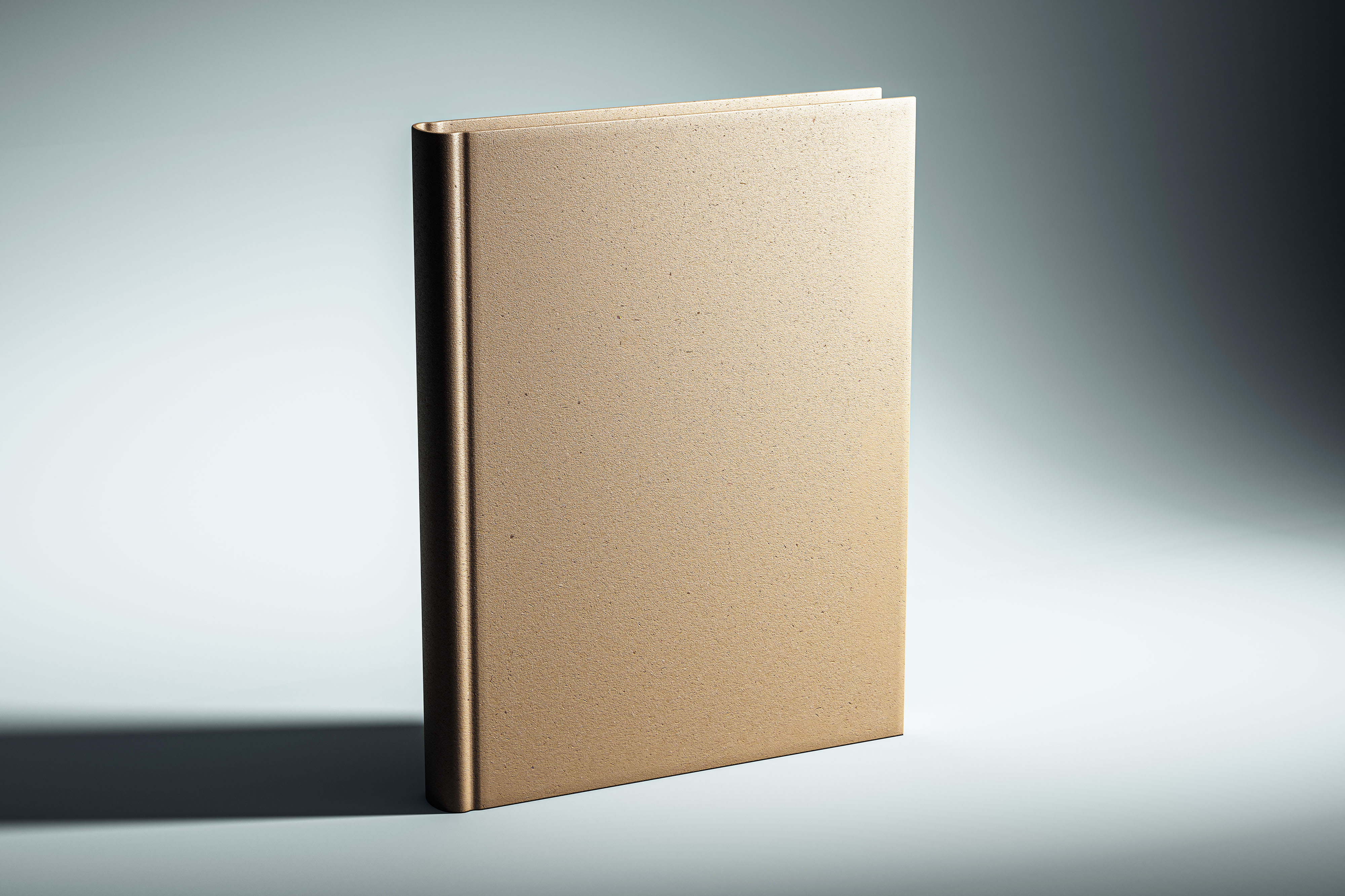 Hardcover book with a clean minimalist cover in warm terracotta tones resting on a wooden surface with soft shadows