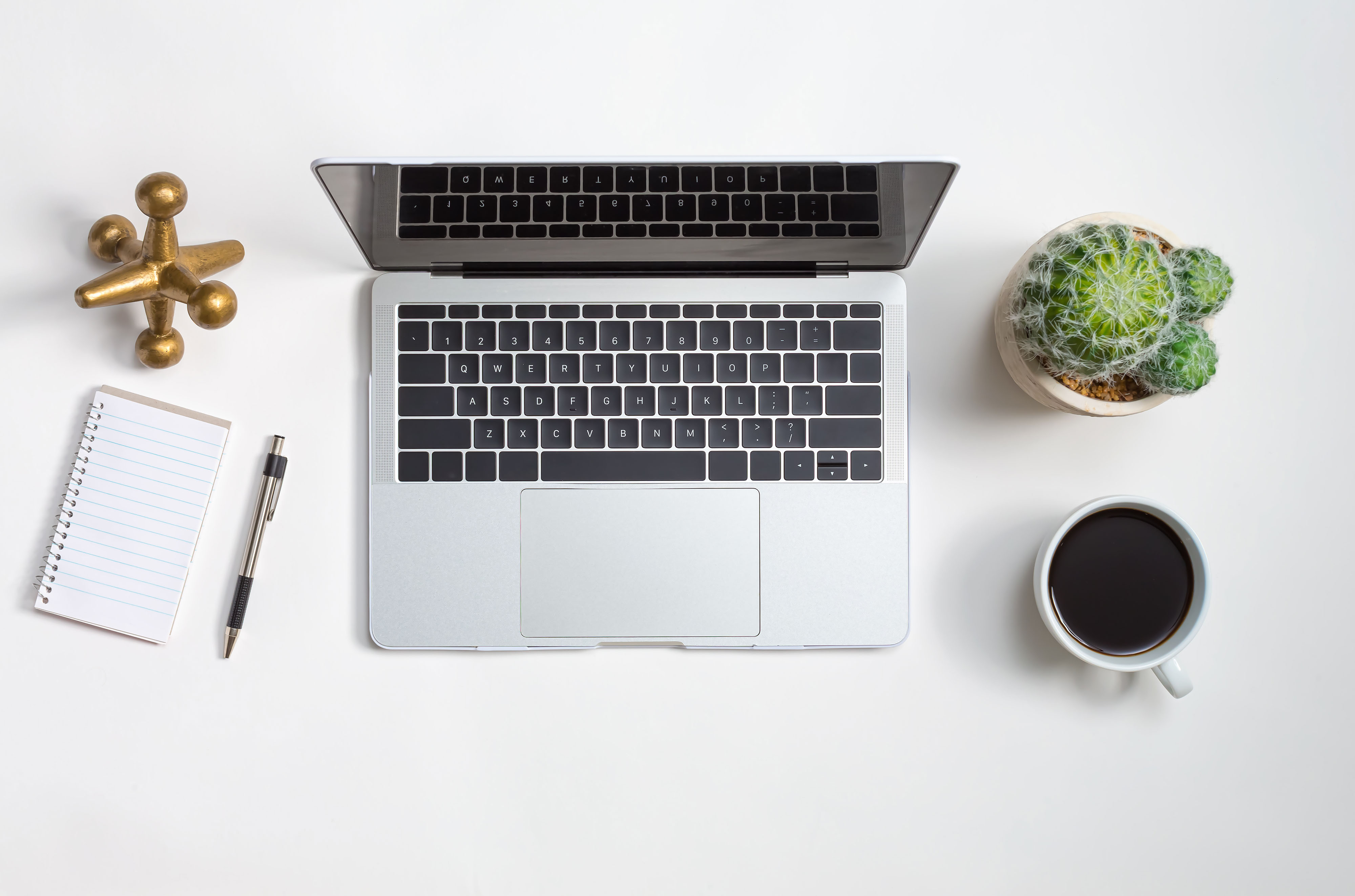 Overhead shot of a neat desk setup with a laptop open to a clean text document and a small plant